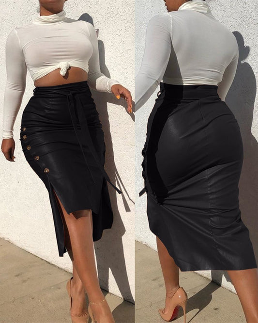 Slim Mid-length Leather Skirt With Split Hips