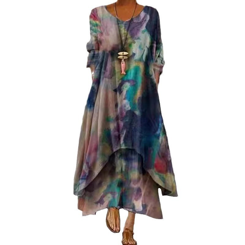 Women's Printed Long Sleeve Irregular Dress