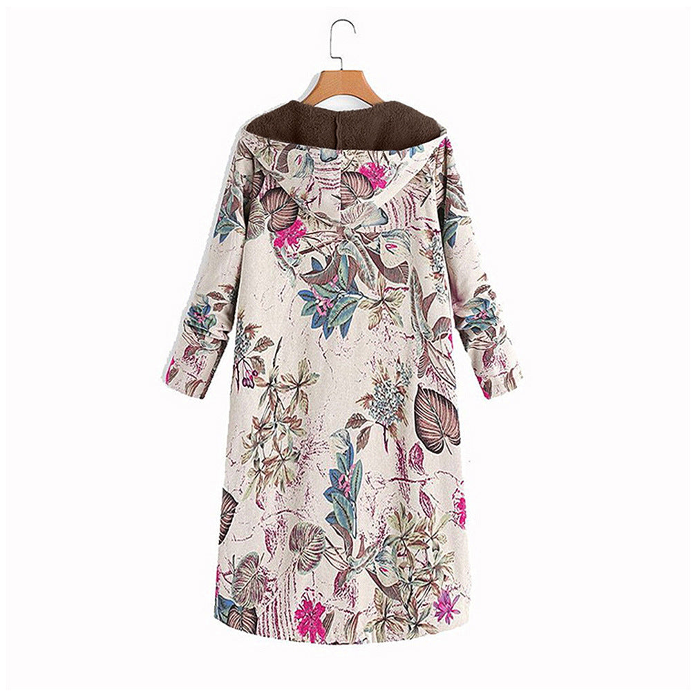 Vintage Print Cotton Hooded Zip Long Fleece Ladies Coat