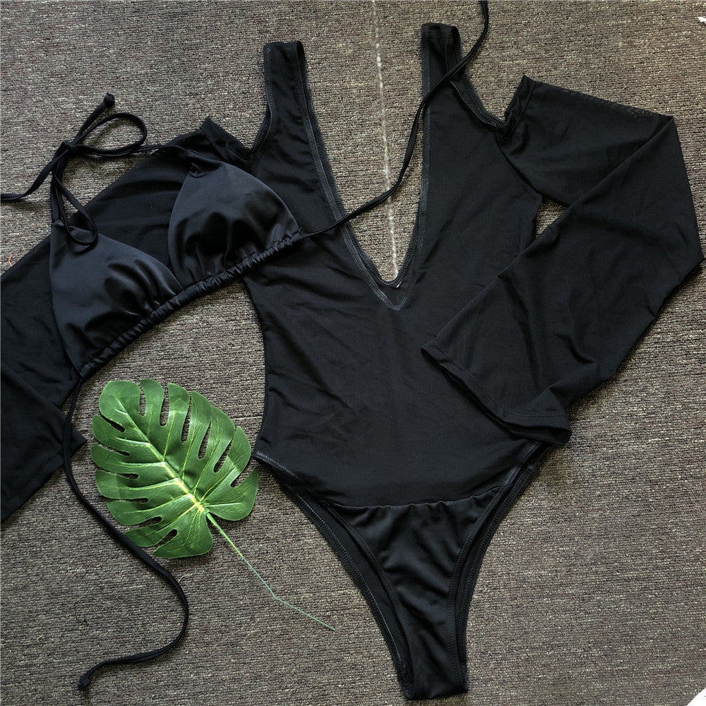 Fashion Solid Color Mesh Two Piece Bikini Swimsuit