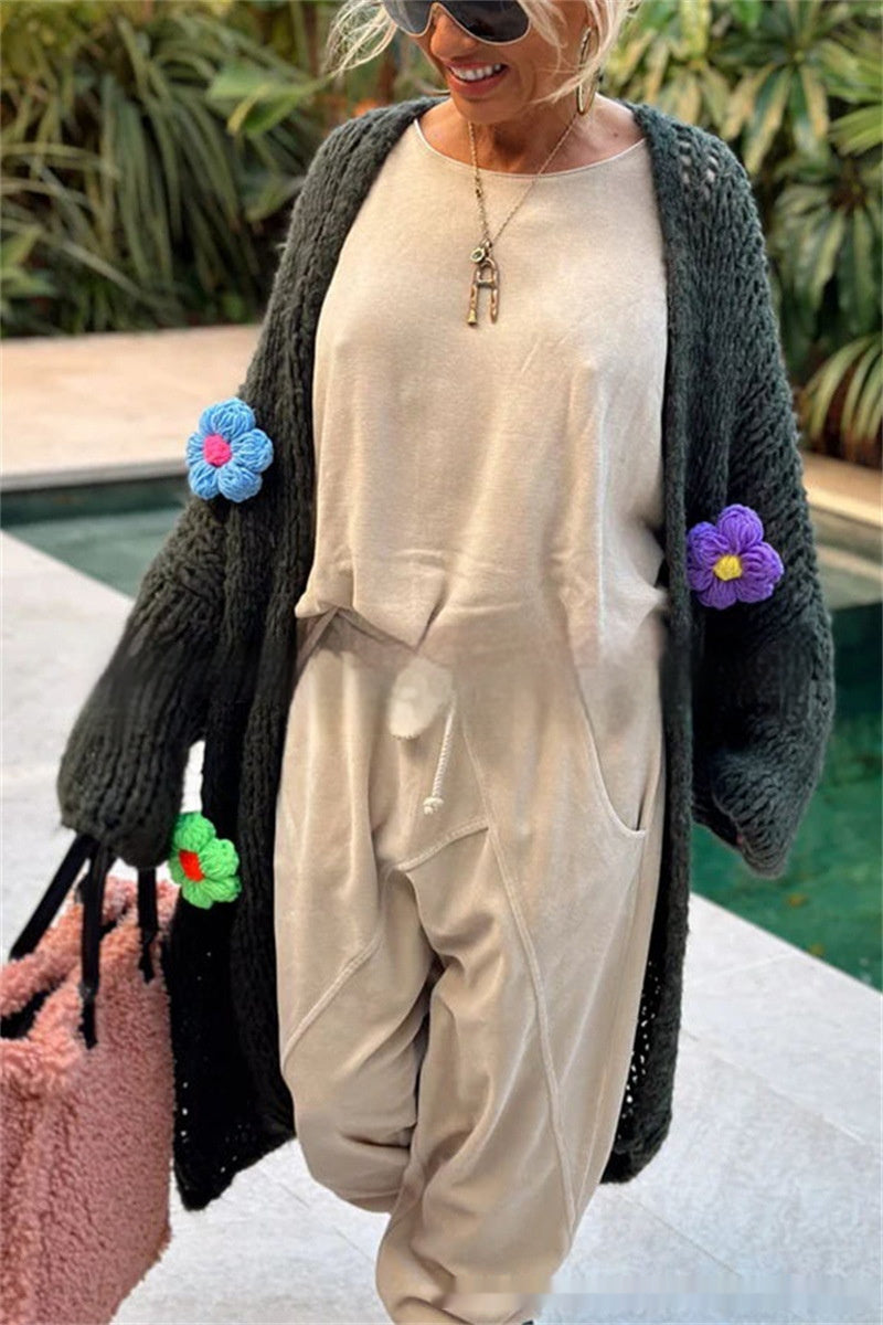 Hand Crocheting Flowers Long Cardigan Jacket Idle Style Casual Loose Sweater