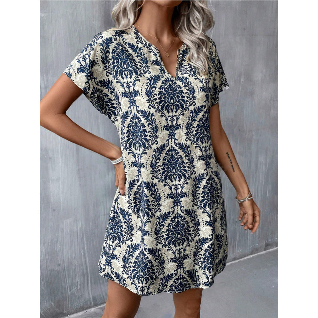 Summer Full-body Printed Notched Collar Batwing Sleeve Dress