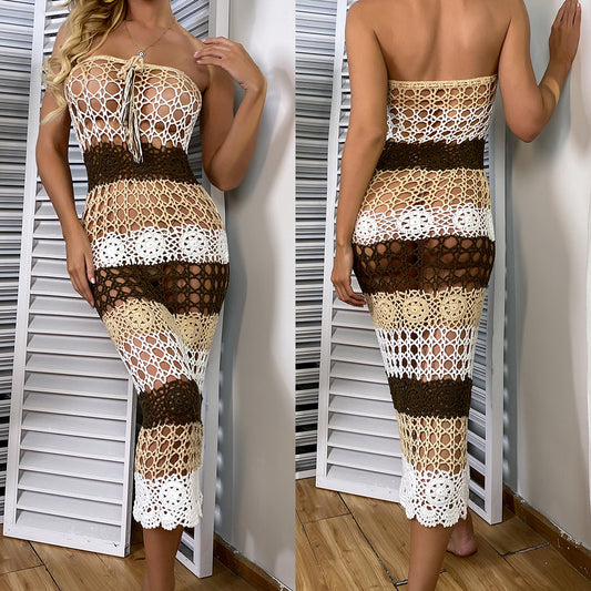 Women's Sexy Hollow Color Matching Hand Crochet Beach Long Skirt Bikini One-piece Sunscreen Blouse Skirt