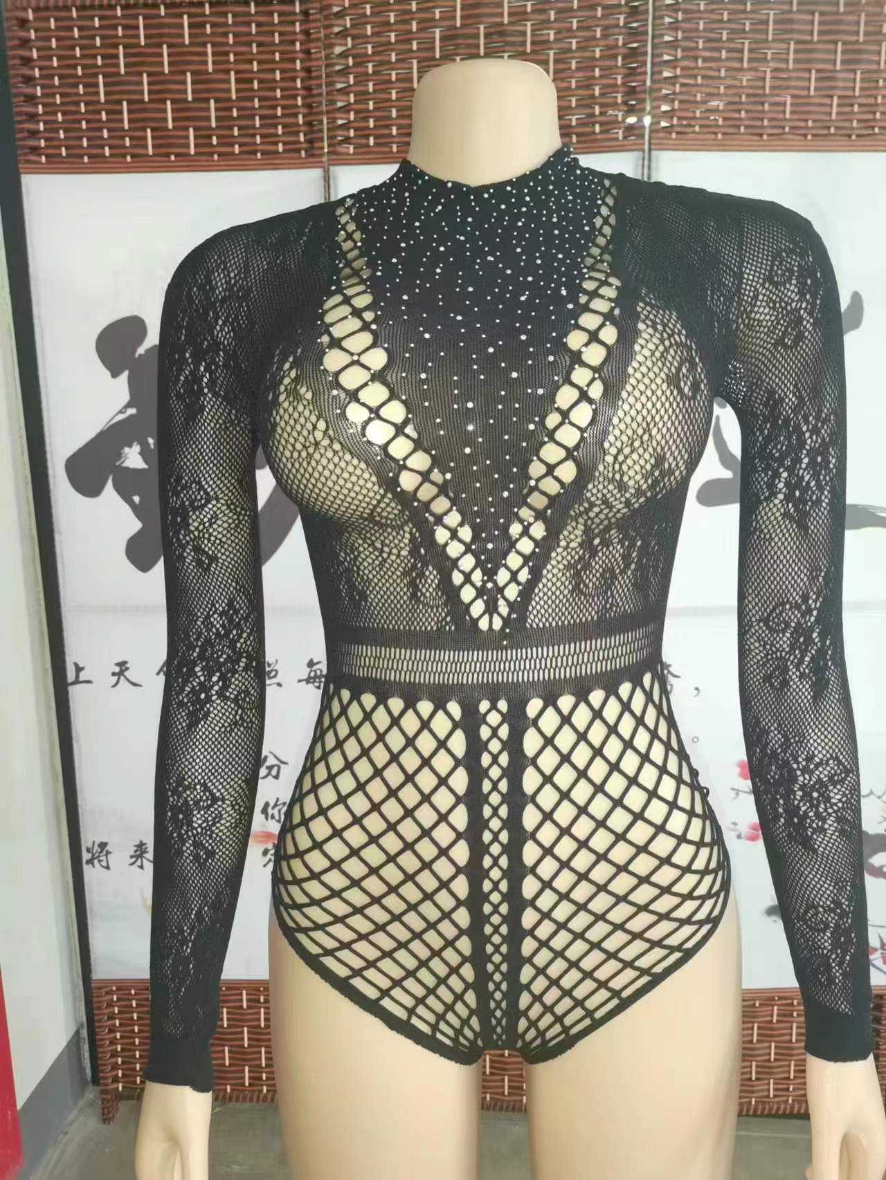 Rhinestone Long Sleeve Fishnet