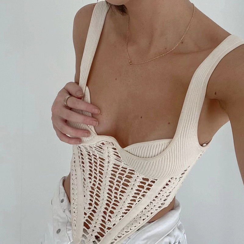 All-match Low-cut Collar Hollow Out See-through Fishbone Vest