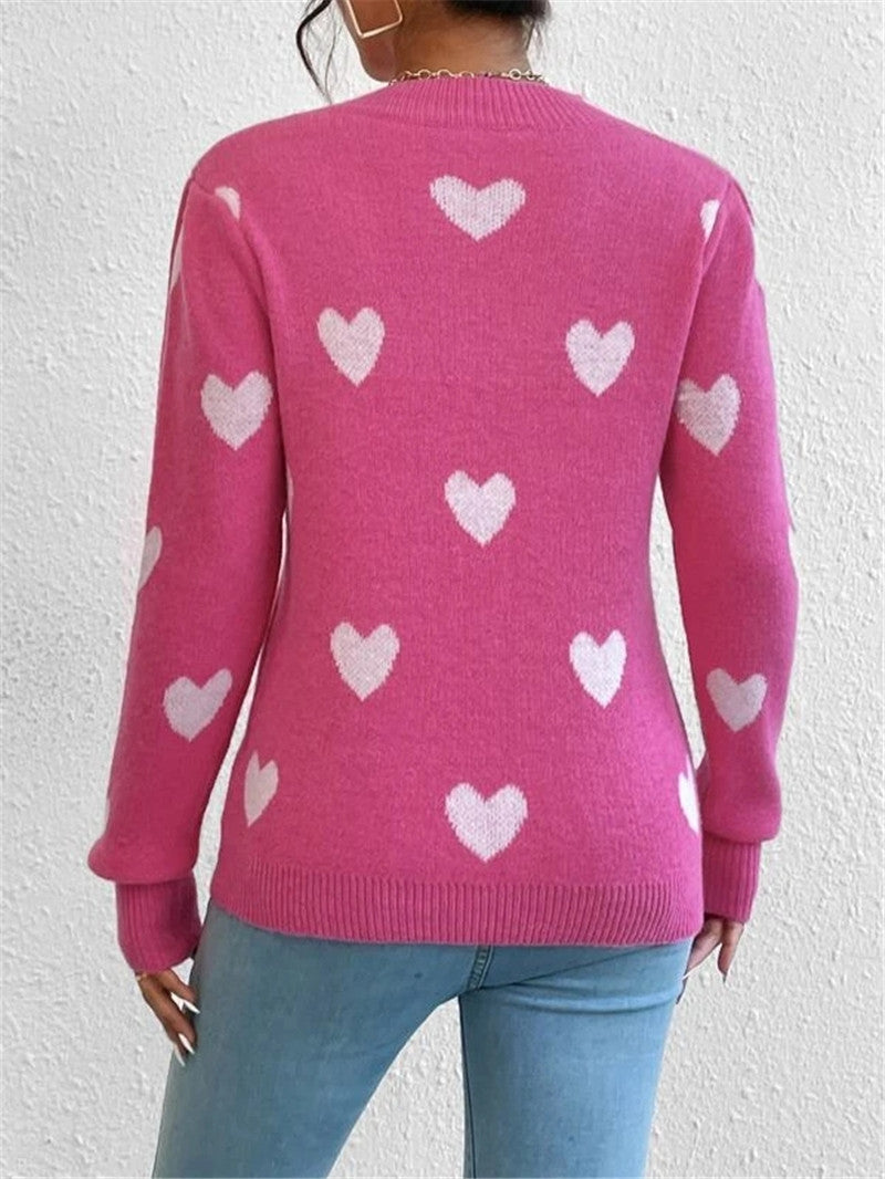 Heart-shaped Pattern Loose Round Neck Knitted Pullover Sweater