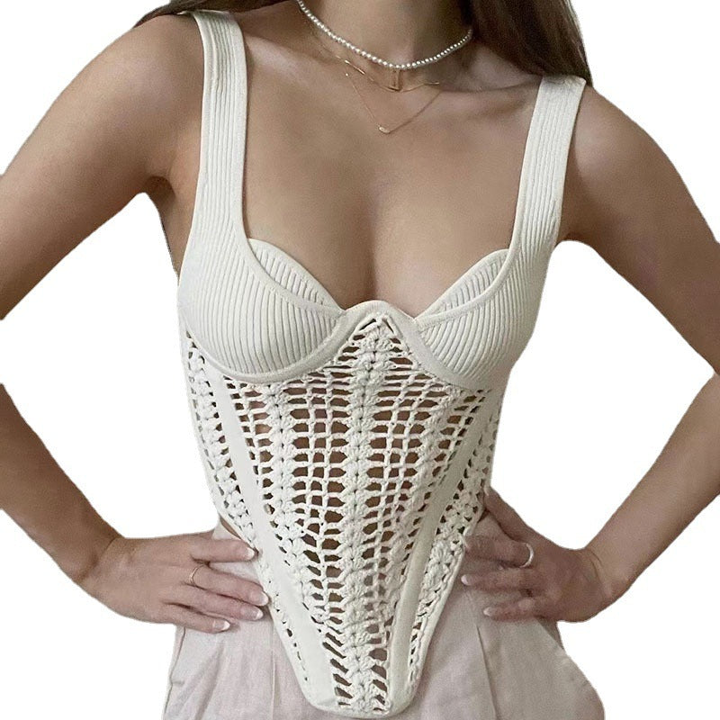 All-match Low-cut Collar Hollow Out See-through Fishbone Vest