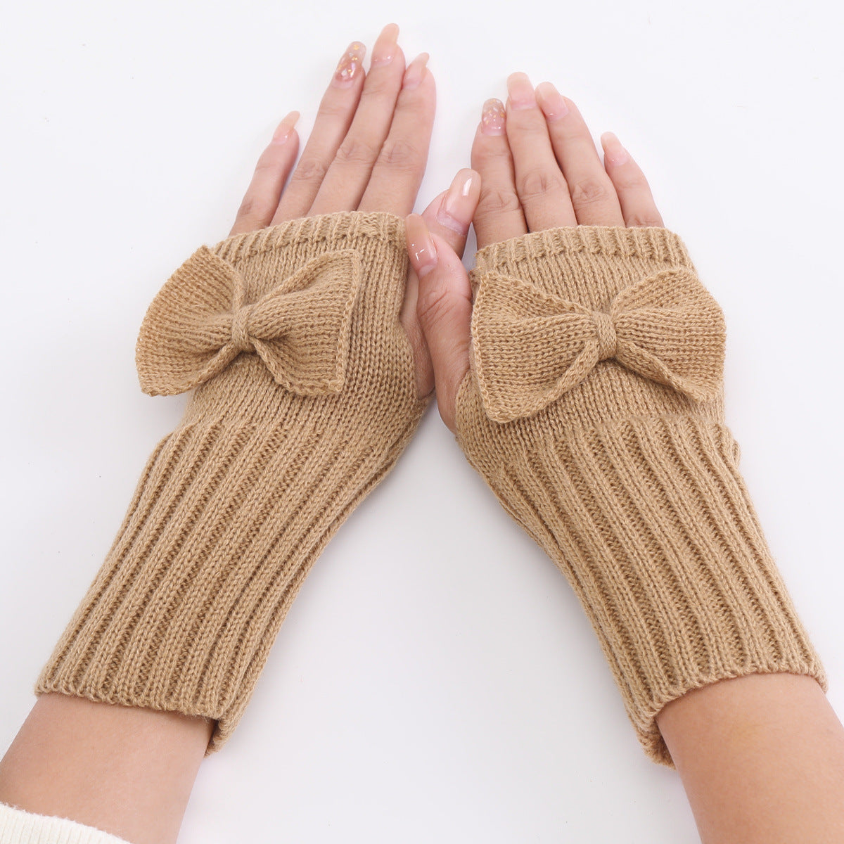 Bow Knitted Wool Keep Warm Half Finger Fingerless Gloves