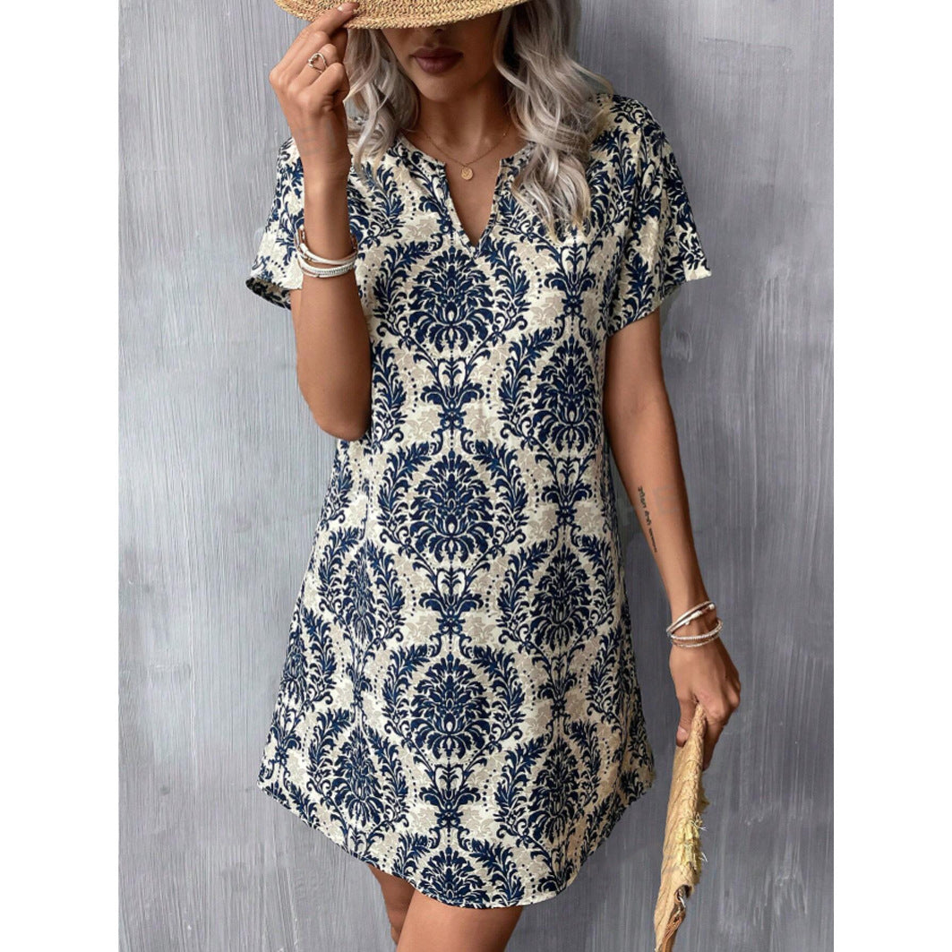 Summer Full-body Printed Notched Collar Batwing Sleeve Dress