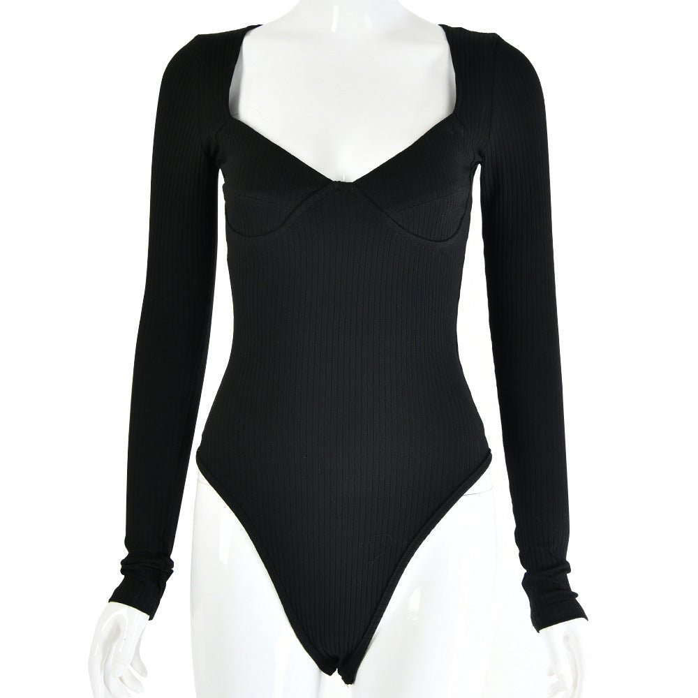 Low-cut V-neck long-sleeved pit strip slim bodysuit