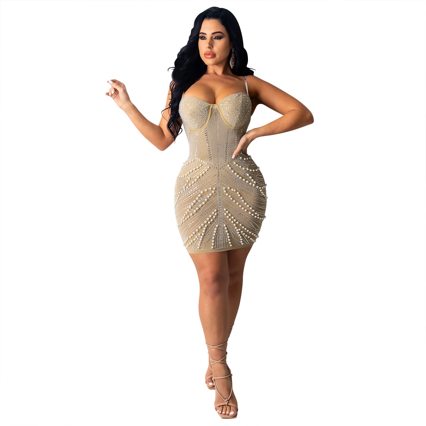 Sexy Wrapped Chest Sling Hot Rhinestone Nightclub Ladies Dress