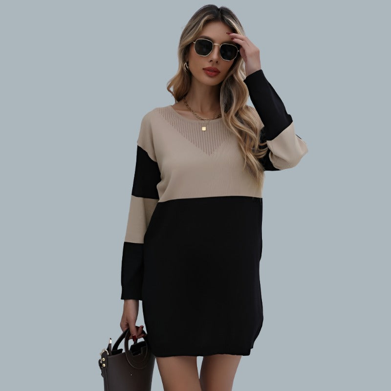 Pullover Round Neck Loose Knitted Stitching Contrast Color Woolen Skirt