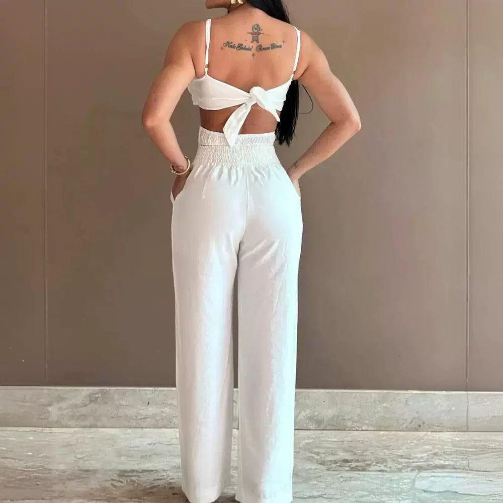 White Three-dimensional Flower Design Sling One-piece Trousers