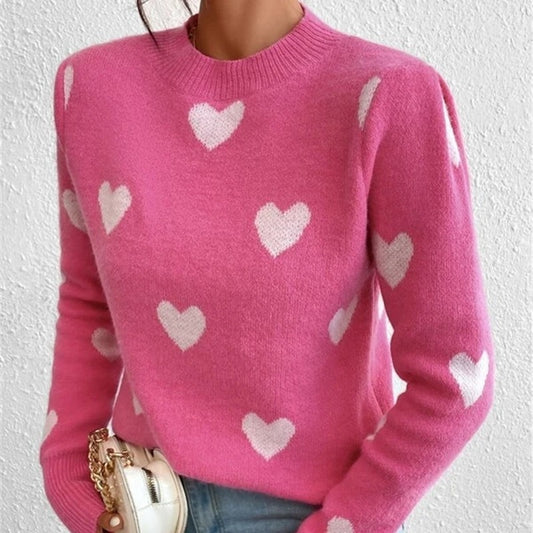 Heart-shaped Pattern Loose Round Neck Knitted Pullover Sweater