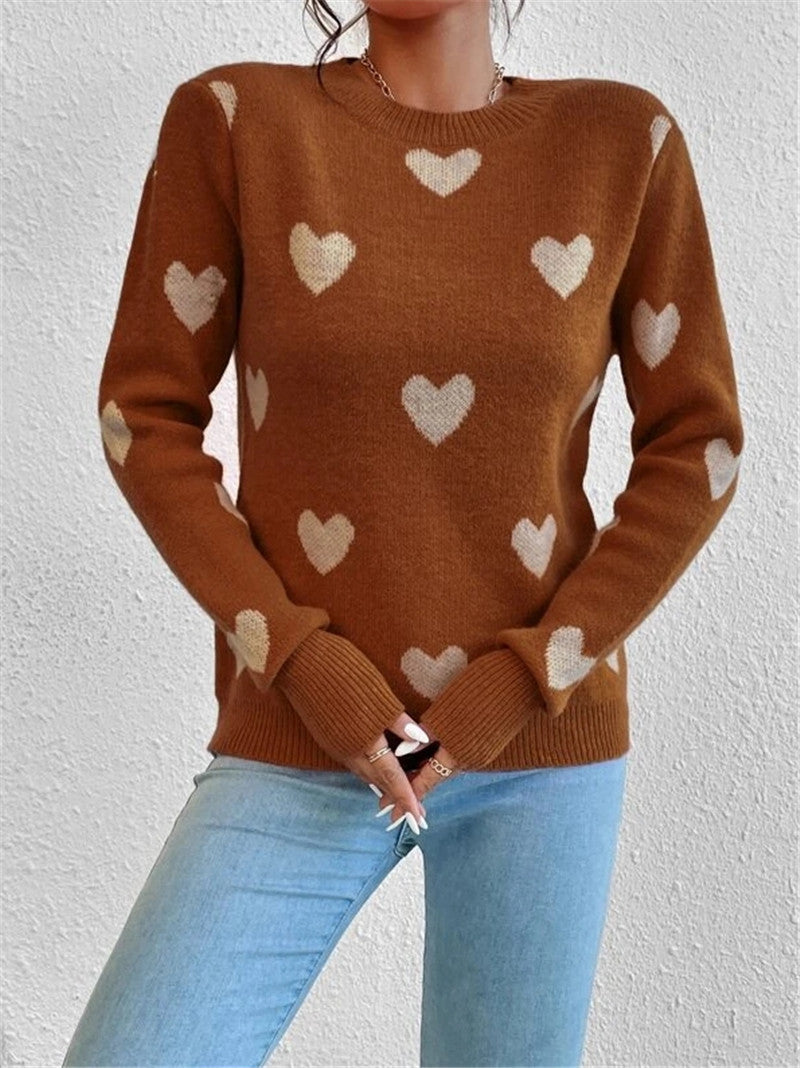 Heart-shaped Pattern Loose Round Neck Knitted Pullover Sweater