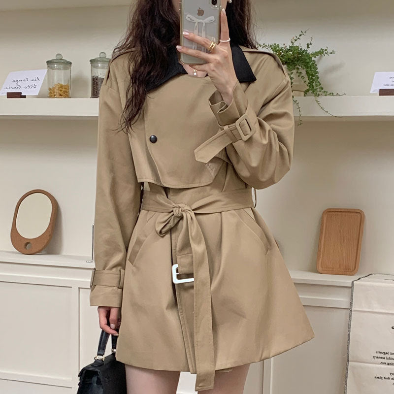 Vintage Minority Color Contrast Lapel One Button Lace Up Coat