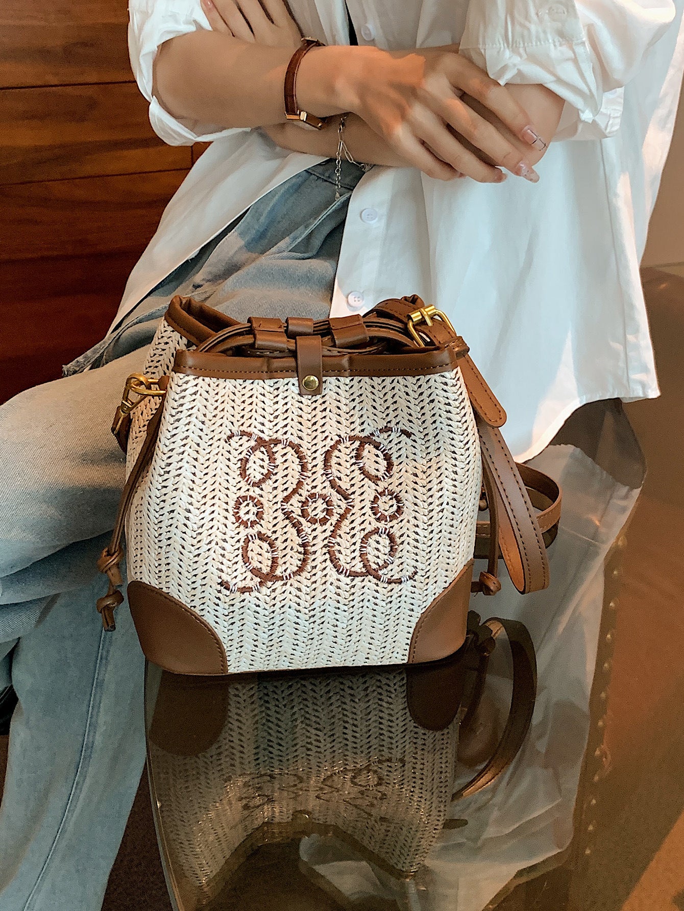 Straw Seaside Vacation Beach Woven Bucket Bag