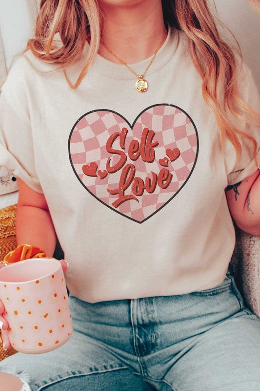 PLUS SIZE - SELF LOVE CHECKERED HEART Graphic Tee