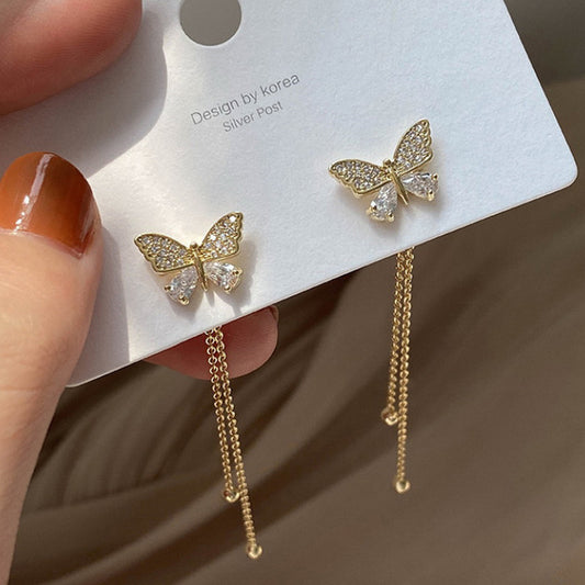 Butterfly Rhinestone Tassel Long Earrings