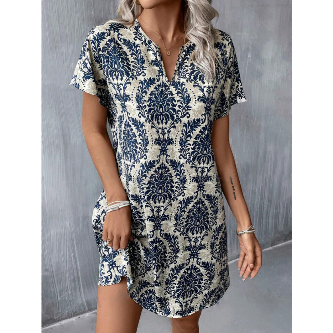 Summer Full-body Printed Notched Collar Batwing Sleeve Dress