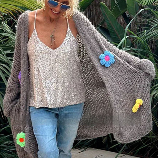 Hand Crocheting Flowers Long Cardigan Jacket Idle Style Casual Loose Sweater