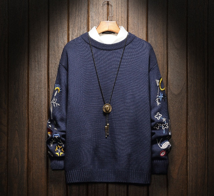 Printed embroidery crew neck sweater