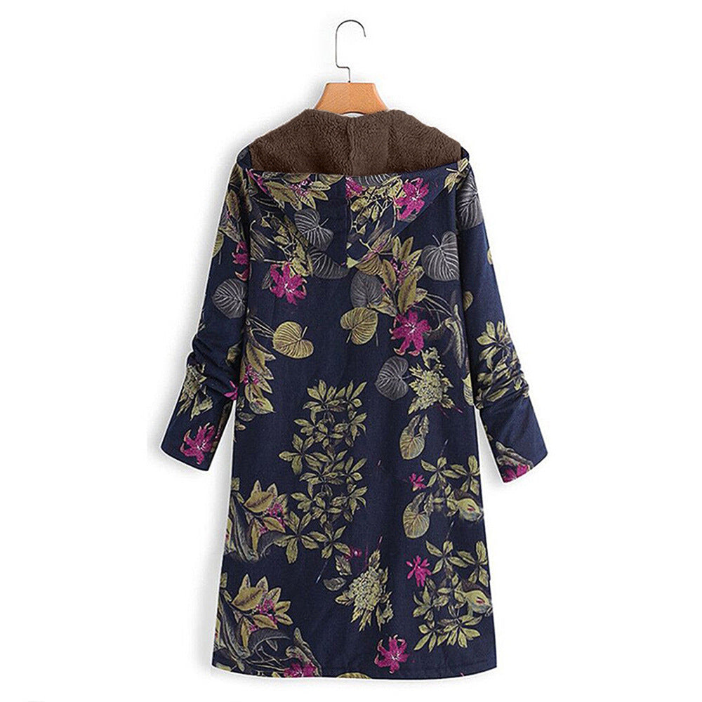 Vintage Print Cotton Hooded Zip Long Fleece Ladies Coat