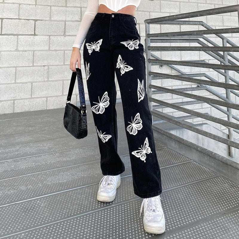 Butterfly Print High-Waisted Straight-Leg Jeans