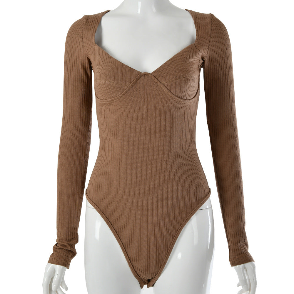 Low-cut V-neck long-sleeved pit strip slim bodysuit