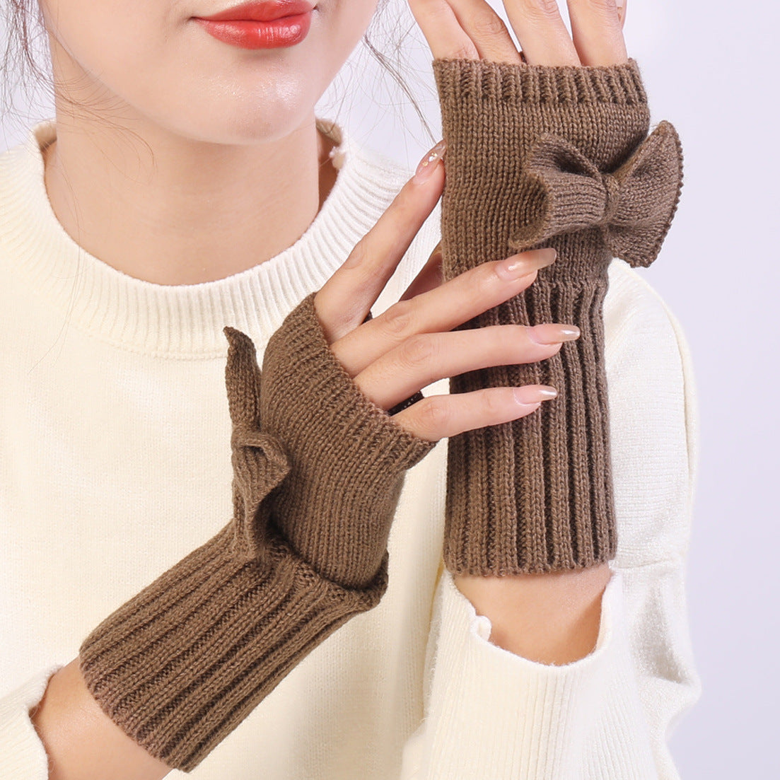 Bow Knitted Wool Keep Warm Half Finger Fingerless Gloves