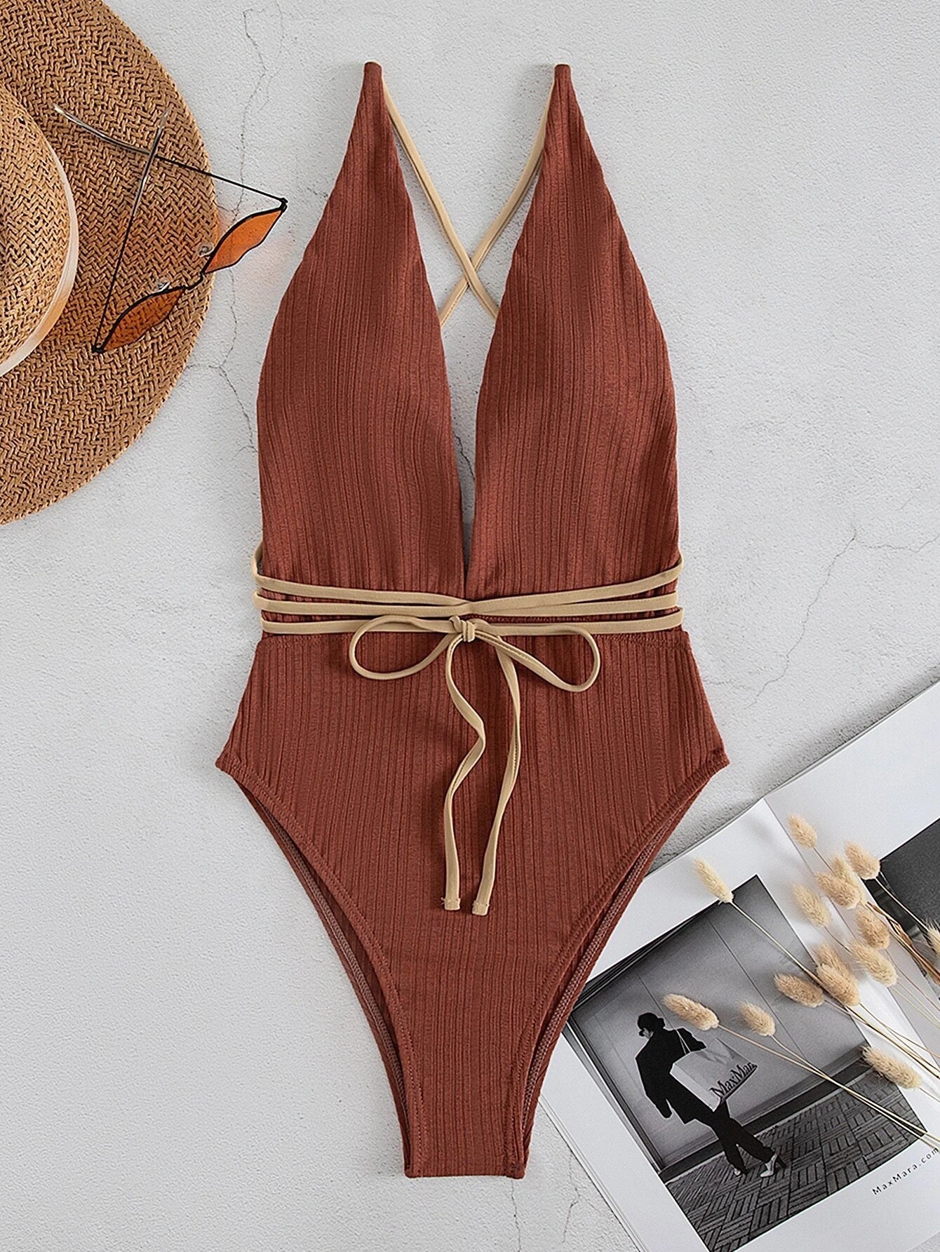 V-neck One Piece Beach Swimwear