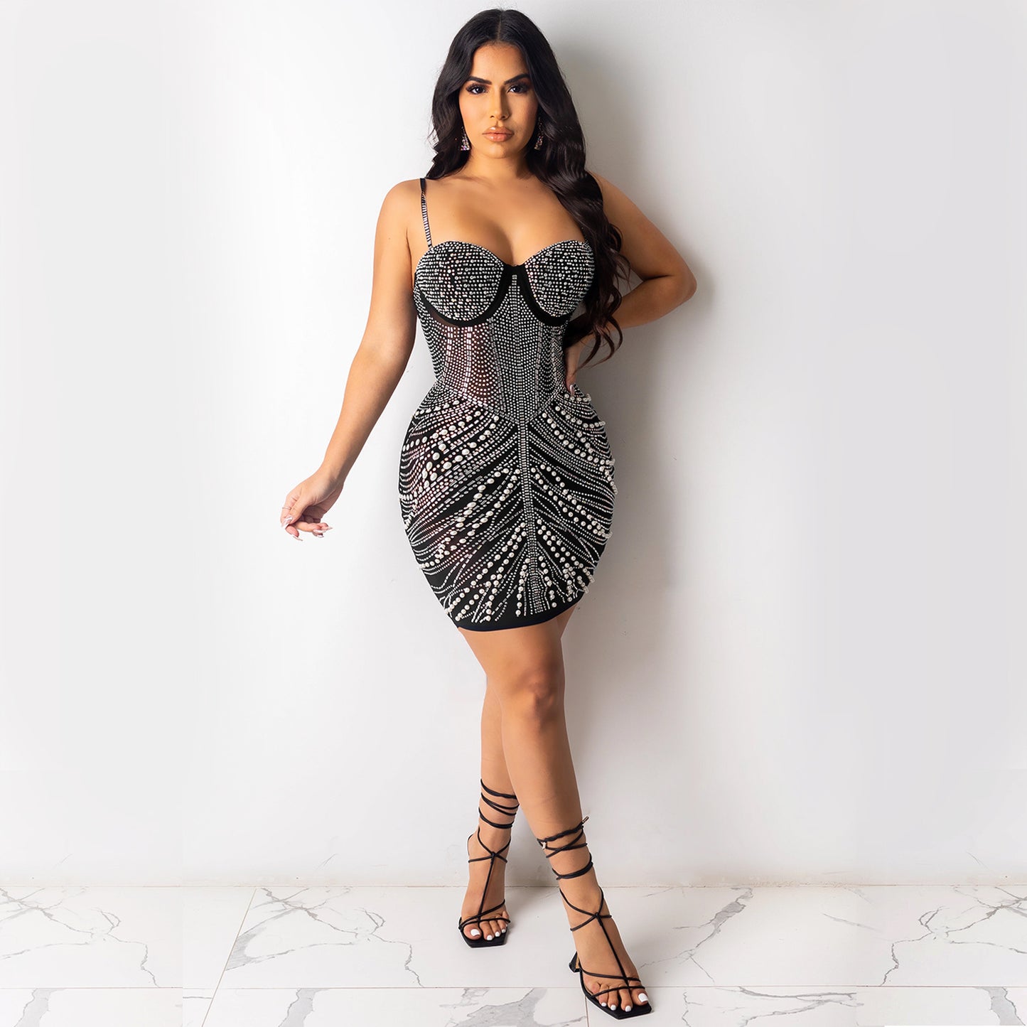 Sexy Wrapped Chest Sling Hot Rhinestone Nightclub Ladies Dress