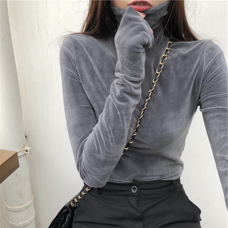 Fleece-lined Thick Long-sleeved T-shirt Keep Warm Inner Match Turtleneck Top