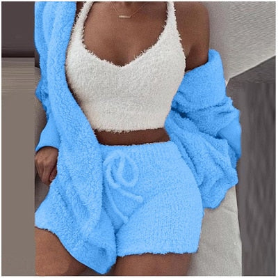 Home Wear Suit Casual Pajamas Set Lady Female Soft Warm Long Sleeve Exposed Navel Vest Shorts Set