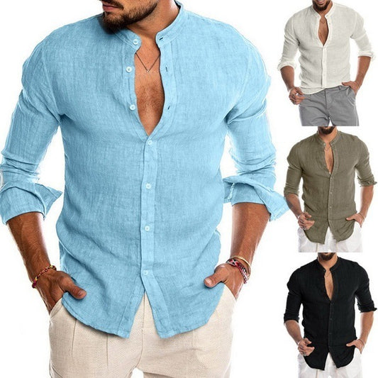 Cardigan Stand Collar Long Sleeve Shirt Men's Clothing