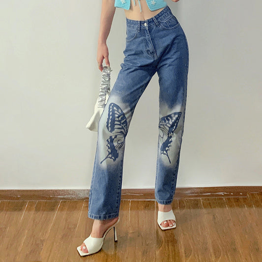 High-rise Straight-leg Butterfly Print Casual Jeans