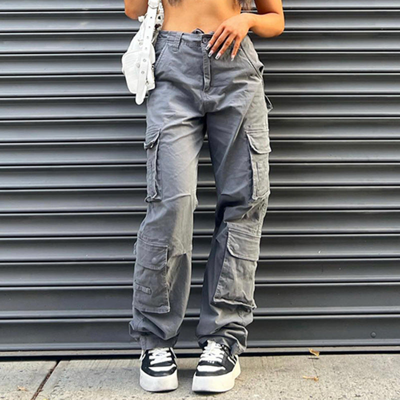 Multi-pocket Gray Straight Loose Jeans