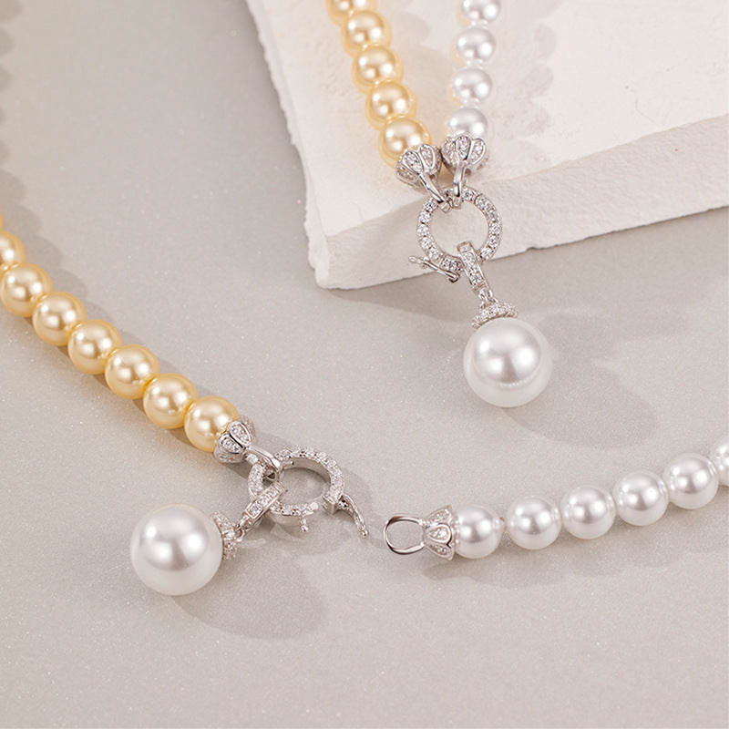 925 Silver Bi-color Stitching Shijia Shell Pearls Necklace Light Luxury Design High Sense