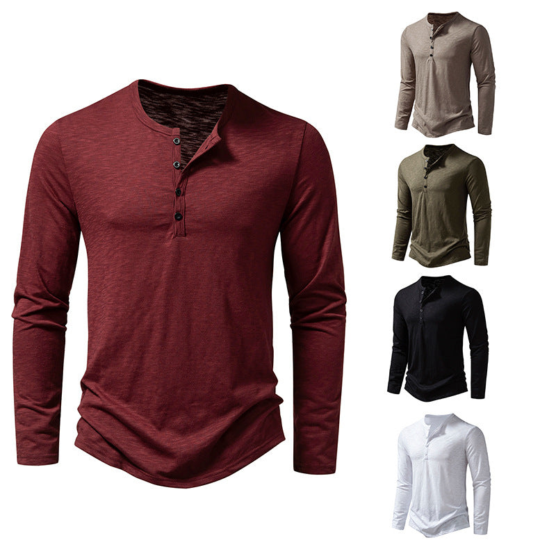 Mens Clothing Long Sleeve T-shirt Fashion Button Henry Collar Tops