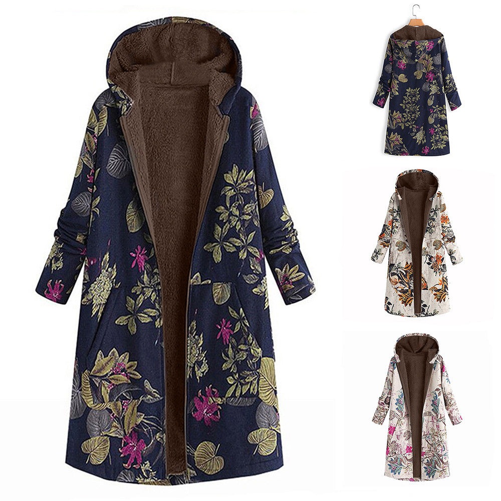 Vintage Print Cotton Hooded Zip Long Fleece Ladies Coat