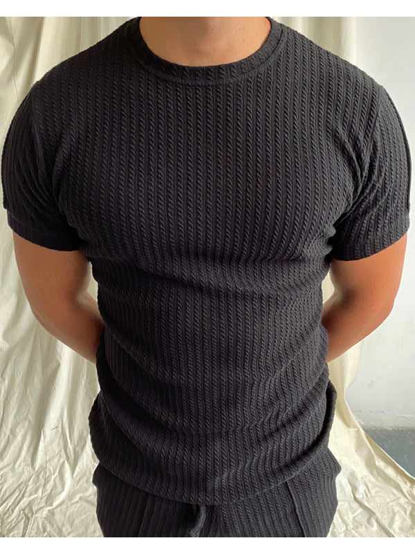 Solid Color Round Neck Twist Stripes Knitted Short Sleeve Slim Fit Stretch T-shirt