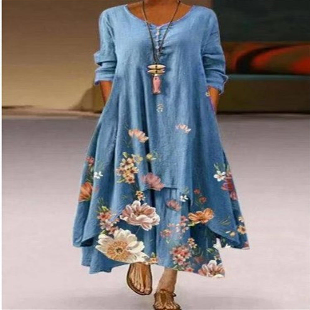 Women's Printed Long Sleeve Irregular Dress