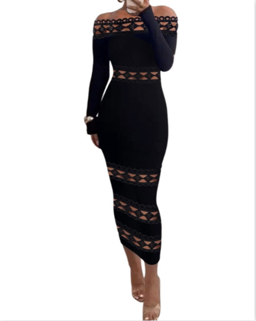 Off-shoulder Patch Long Sleeve Solid Color Lace Stitching Off-shoulder Dress