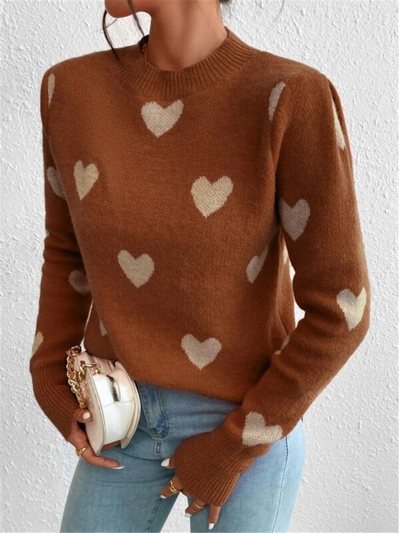 Heart-shaped Pattern Loose Round Neck Knitted Pullover Sweater