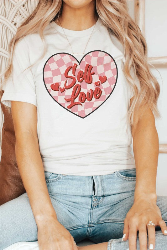 PLUS SIZE - SELF LOVE CHECKERED HEART Graphic Tee