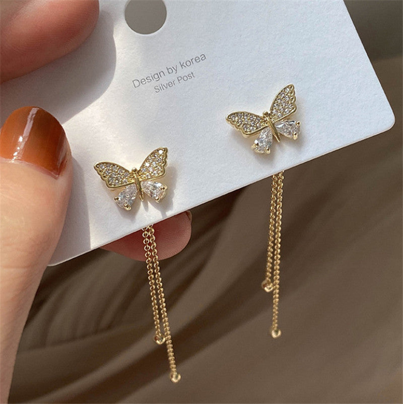 Diamond Pearl Butterfly Earrings Long Tassel