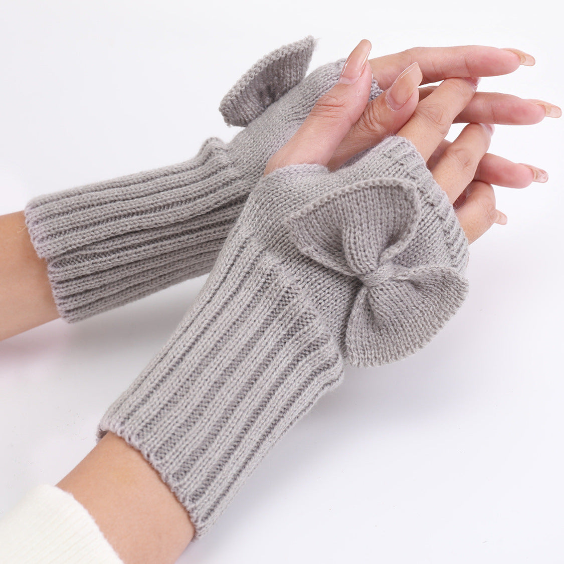 Bow Knitted Wool Keep Warm Half Finger Fingerless Gloves