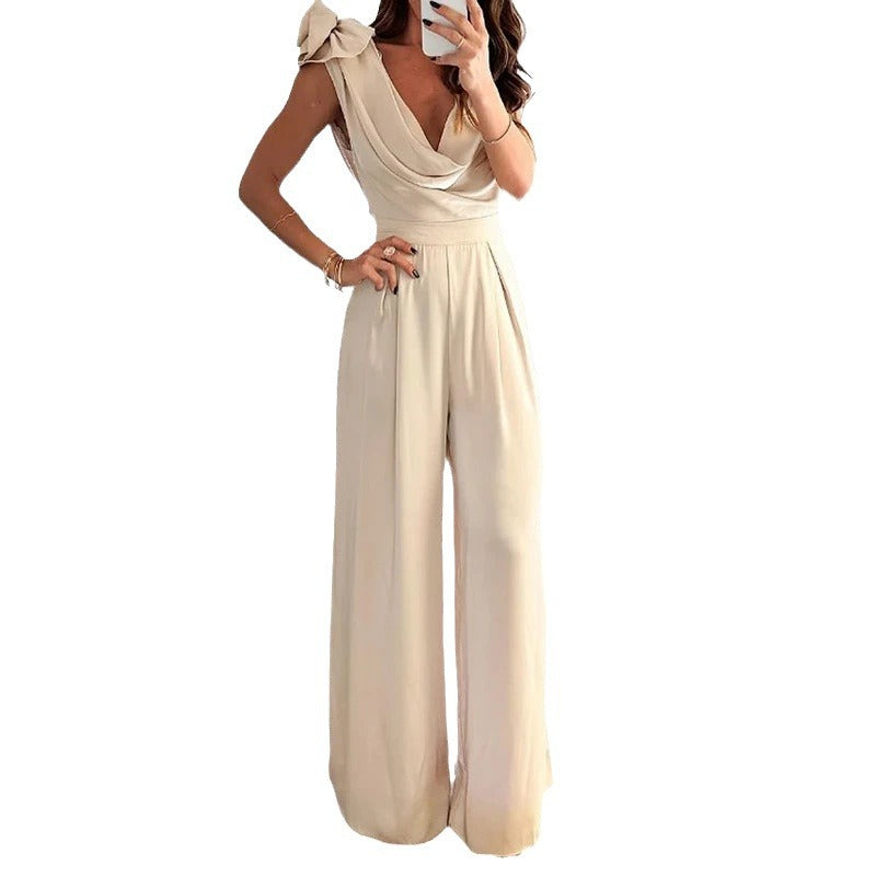 Low Collar Solid Color Elegant Waist Wide Leg Jumpsuit