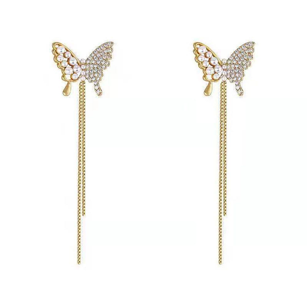 Diamond Pearl Butterfly Earrings Long Tassel