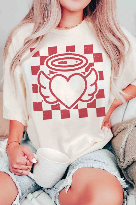 PLUS SIZE - CHECKERED ANGEL HEART Graphic T-Shirt